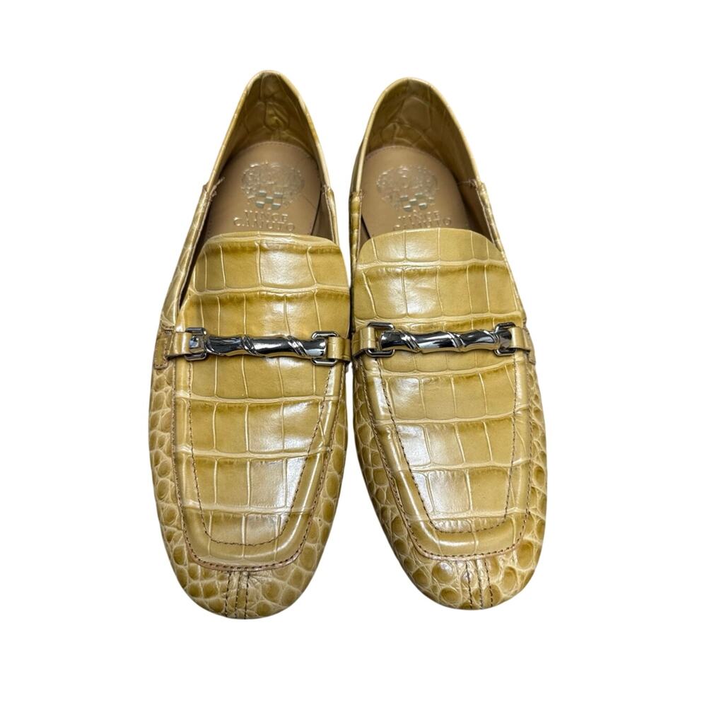Vince Camuto Perenna Size 7 1/2 Leather Loafers Croc Embossed Flats Yellow Tan